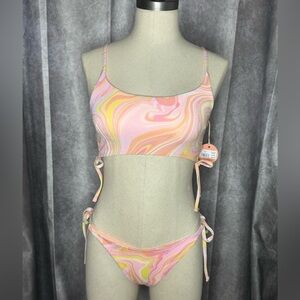 NEW B Swim Bikini Set Crop Side Tie Bottoms-Sun Daze Marble Swirl Pink Tie Dye